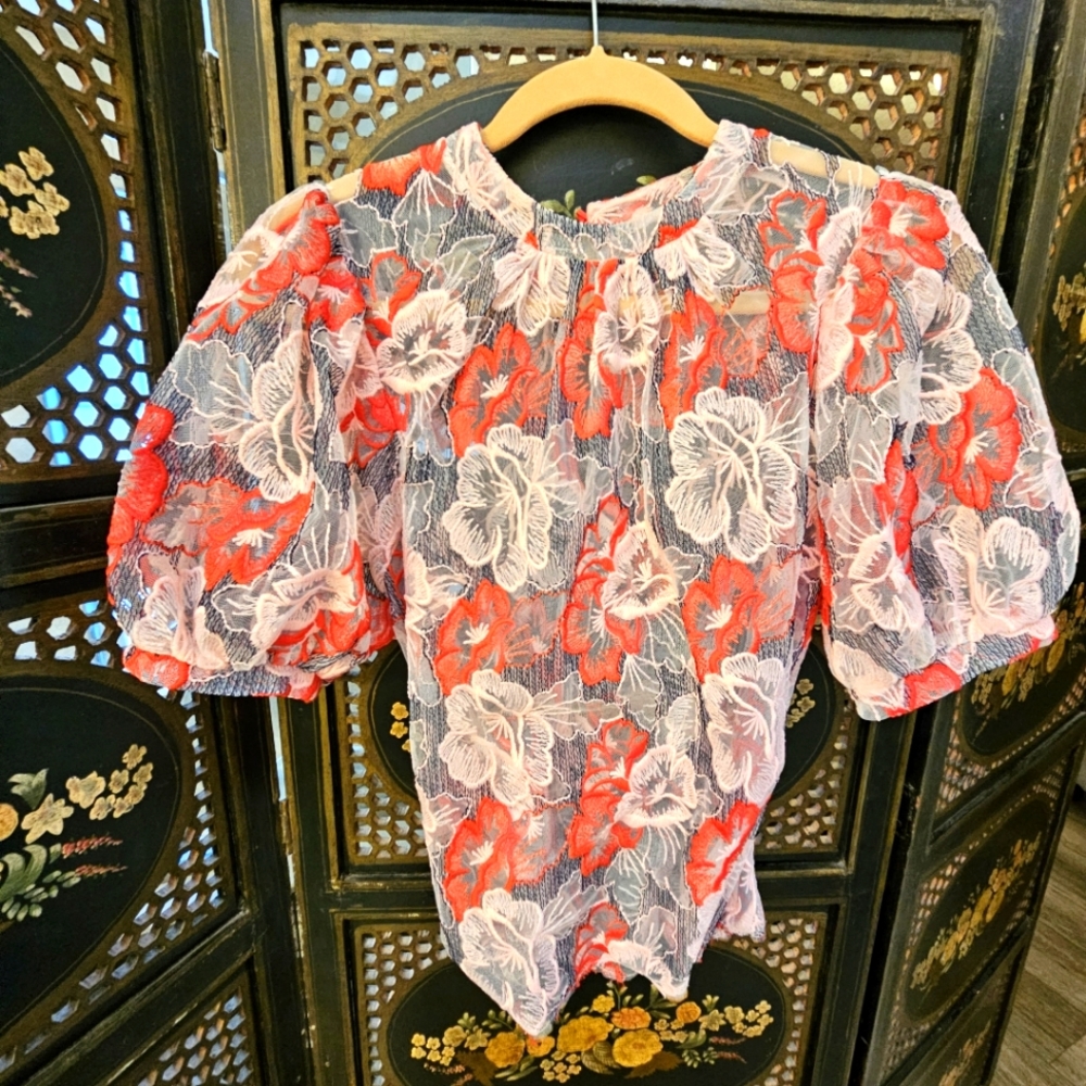 Vintage embroidered organza tulle blouse